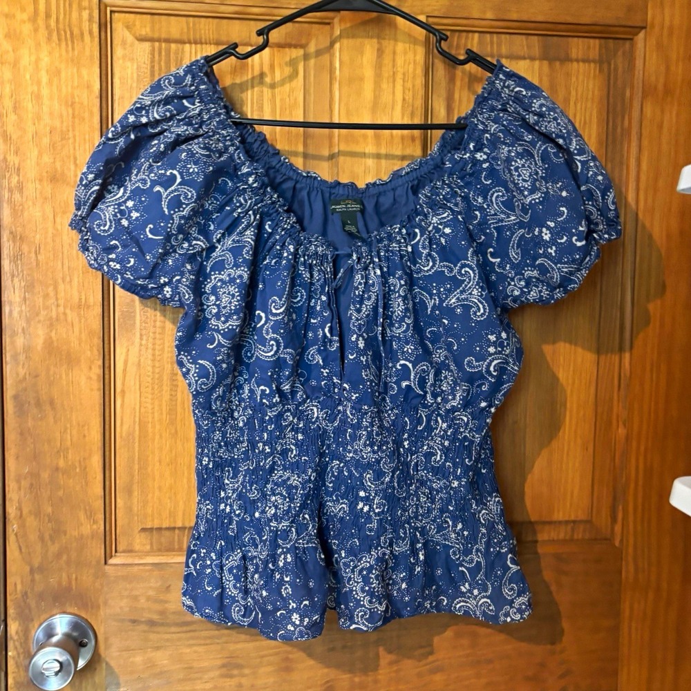 LRL Lauren Jeans Co. Ralph Lauren Paisley Smocked Peplum Blouse - Blue L